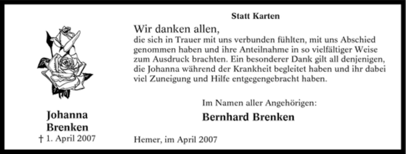  Traueranzeige für Johanna Brenken vom 28.04.2007 aus Tageszeitung