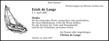 Traueranzeige von Erich de Lange von Tageszeitung