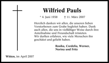 Traueranzeige von Wilfried Pauls von Tageszeitung