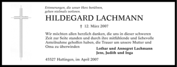 Traueranzeige von Hildegard Lachmann von Tageszeitung