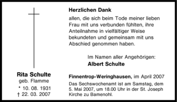 Traueranzeige von Rita Schulte von Tageszeitung