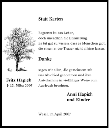 Traueranzeige von Fritz Hapich von Tageszeitung