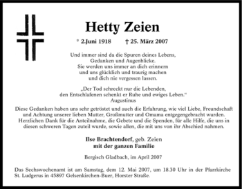 Traueranzeige von Hetty Zeien von Tageszeitung