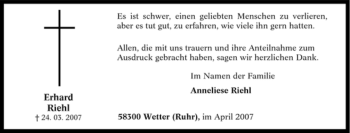 Traueranzeige von Erhard Riehl von Tageszeitung