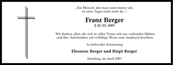 Traueranzeige von Franz Berger von Tageszeitung