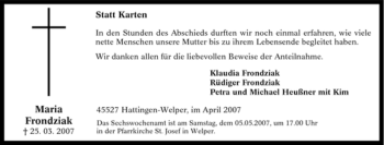Traueranzeige von Maria Frondziak von Tageszeitung