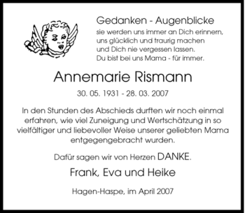 Traueranzeige von Annemarie Rismann von Tageszeitung