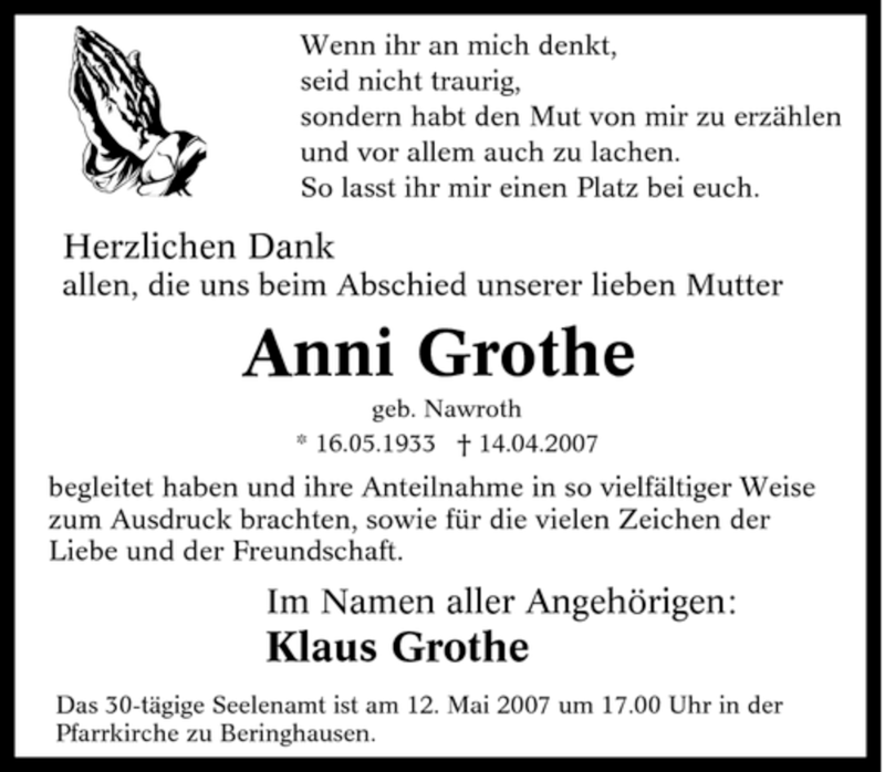  Traueranzeige für Anni Grothe vom 28.04.2007 aus Tageszeitung
