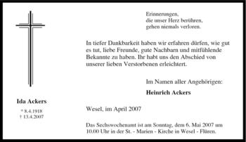 Traueranzeige von Ida Ackers von Tageszeitung