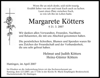Traueranzeige von Margarete Kötters von Tageszeitung