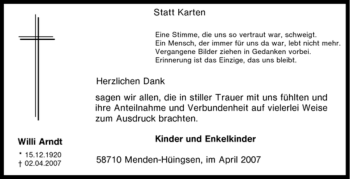 Traueranzeige von Willi Arndt von Tageszeitung