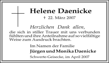 Traueranzeige von Helene Daenicke von Tageszeitung