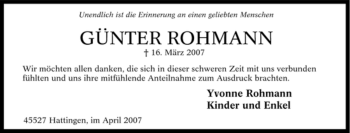Traueranzeige von Günter Rohmann von Tageszeitung