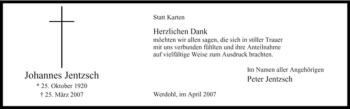 Traueranzeige von Johannes Jentzsch von Tageszeitung