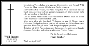 Traueranzeige von Willi Pasvos von Tageszeitung