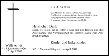 Traueranzeige von Willi Arndt von Tageszeitung