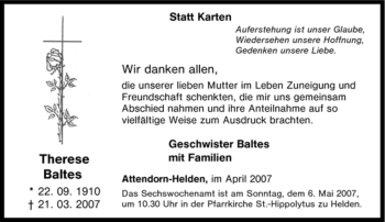 Traueranzeige von Therese Baltes von Tageszeitung