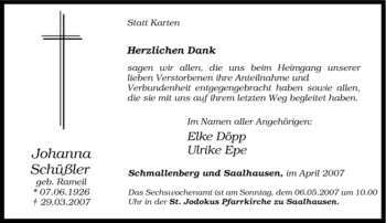 Traueranzeige von Johanna Schüßler von Tageszeitung