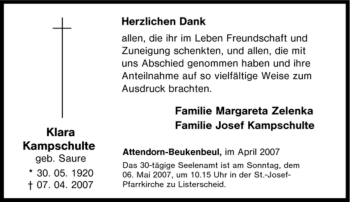 Traueranzeige von Klara Kampschulte von Tageszeitung