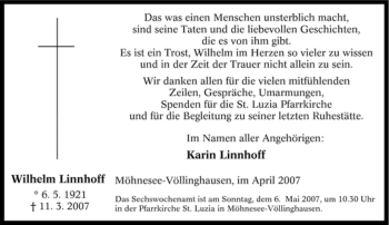 Traueranzeige von Wilhelm Linnhoff von Tageszeitung