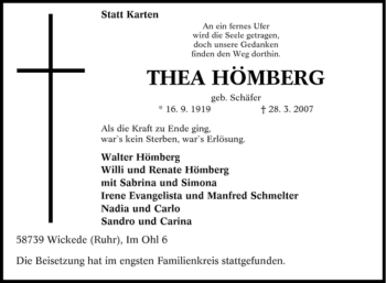 Traueranzeige von Thea Hömberg von Tageszeitung