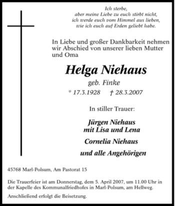 Traueranzeige von Helga Niehaus von Tageszeitung