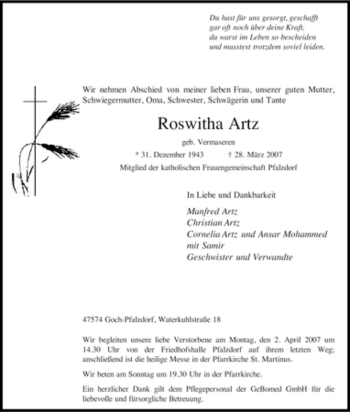 Traueranzeige von Roswitha Artz von Tageszeitung