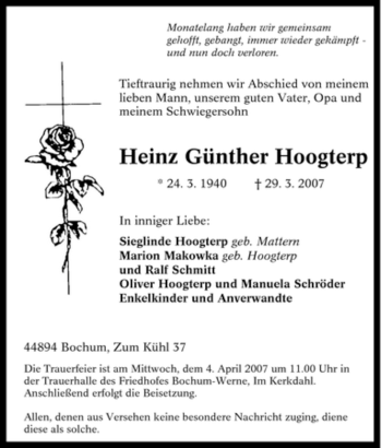 Traueranzeige von Heinz Günther Hoogterp von Tageszeitung