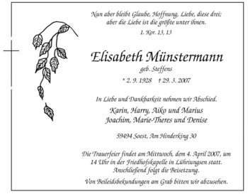 Traueranzeige von Elisabeth Münstermann von Tageszeitung