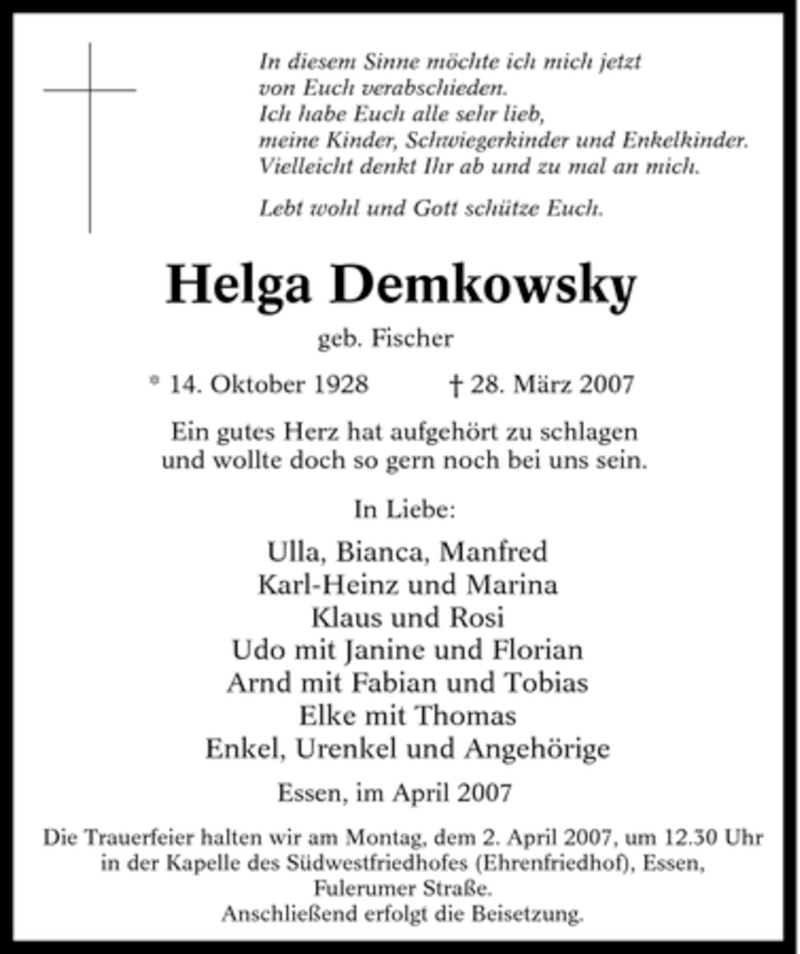  Traueranzeige für Helga Demkowsky vom 02.04.2007 aus Tageszeitung