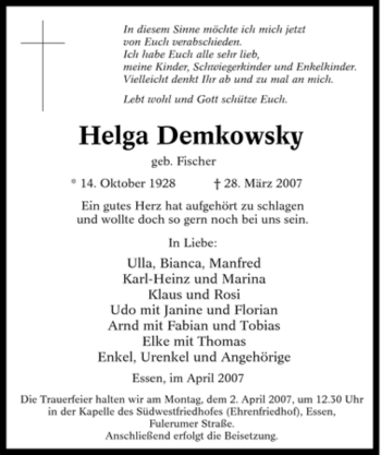 Traueranzeige von Helga Demkowsky von Tageszeitung