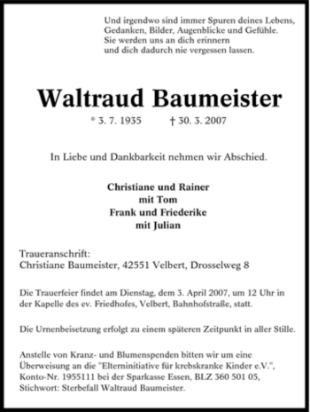 Traueranzeige von Waltraud Baumeister von Tageszeitung