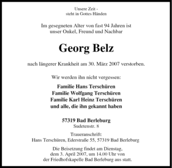 Traueranzeige von Georg Belz von Tageszeitung