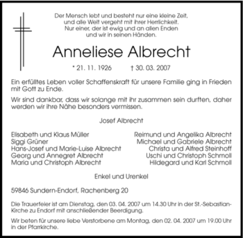 Traueranzeige von Anneliese Albrecht von Tageszeitung