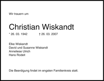 Traueranzeige von Christian Wiskandt von Tageszeitung