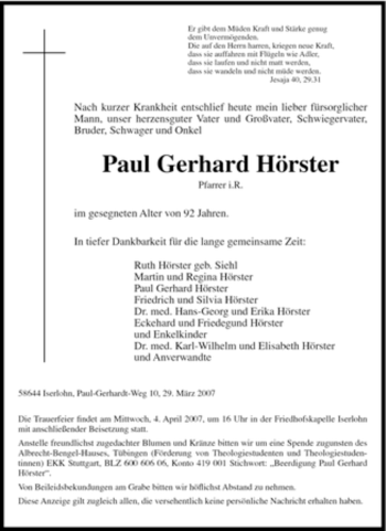 Traueranzeige von Paul Gerhard Hörster von Tageszeitung