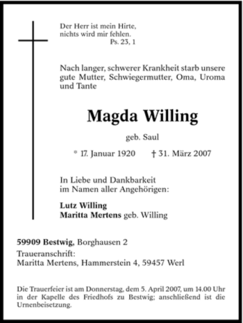 Traueranzeige von Magda Willing von Tageszeitung