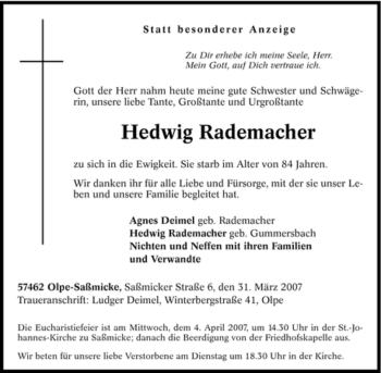 Traueranzeige von Hedwig Rademacher von Tageszeitung