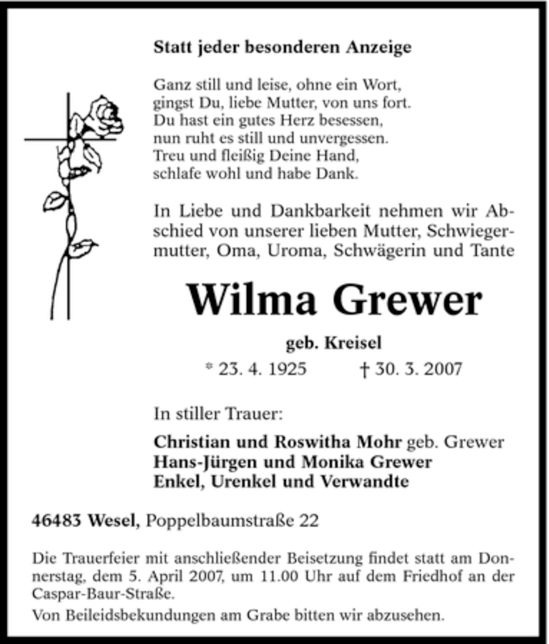  Traueranzeige für Wilma Grewer vom 02.04.2007 aus Tageszeitung