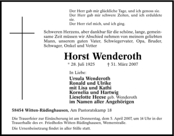 Traueranzeige von Horst Wenderoth von Tageszeitung