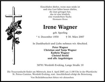 Traueranzeige von Irene Wagner von Tageszeitung
