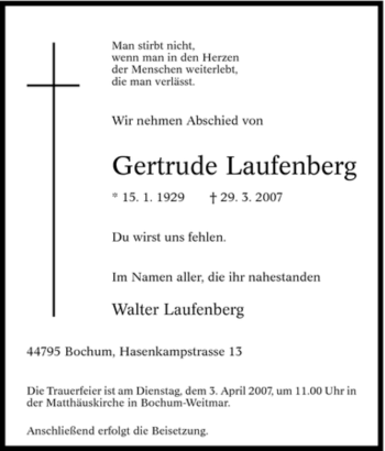 Traueranzeige von Gertrude Laufenberg von Tageszeitung