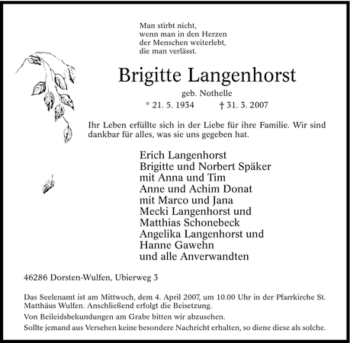Traueranzeige von Brigitte Langenhorst von Tageszeitung