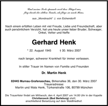 Traueranzeige von Gerhard Henk von Tageszeitung