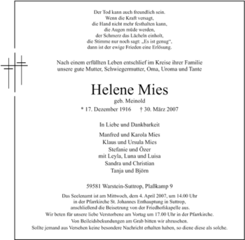 Traueranzeige von Helene Mies von Tageszeitung