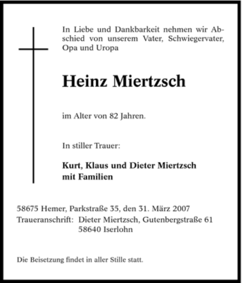 Traueranzeige von Heinz Miertzsch von Tageszeitung