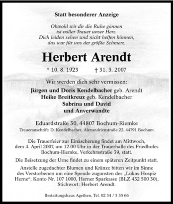 Traueranzeige von Herbert Arendt von Tageszeitung