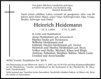 Traueranzeige von Heinrich Heidemann von Tageszeitung