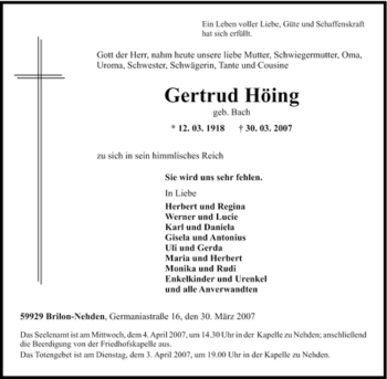 Traueranzeige von Gertrud Höing von Tageszeitung