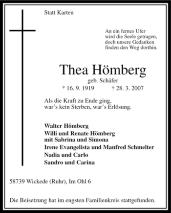 Traueranzeige von Thea Hömberg von Tageszeitung